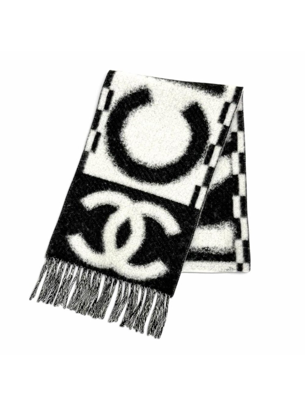 Chanel Cashmere Silk CC Logo Design Fringe Scarf White Black